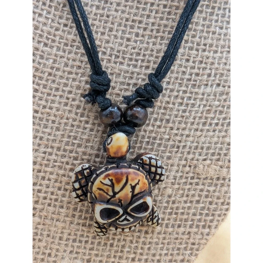Skull Turtle Pendant Necklace Adjustable Cord Gothic Boho Carved Charm (16